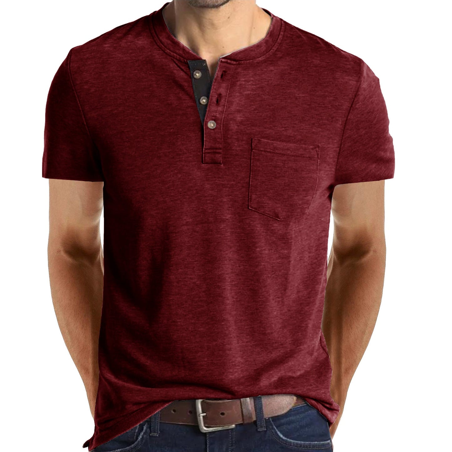 Men's Casual Short Sleeve Henley T-Shirt with Pocket