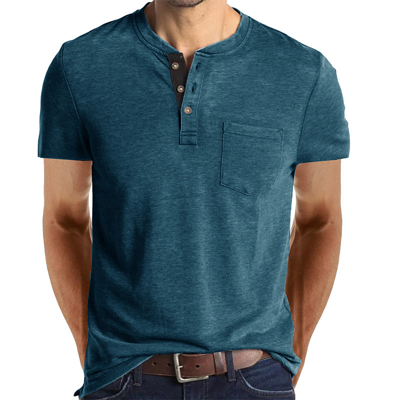 Men's Casual Short Sleeve Henley T-Shirt with Pocket