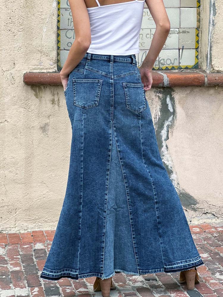 Jupe longue en jean stretch amincissante trapèze