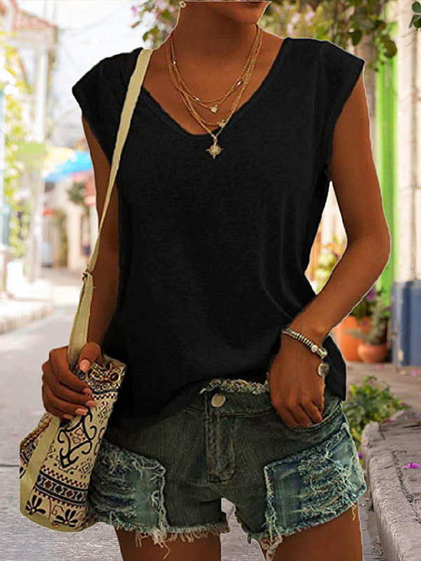 Women's V-Neck Cap Sleeve Loose T-Shirt