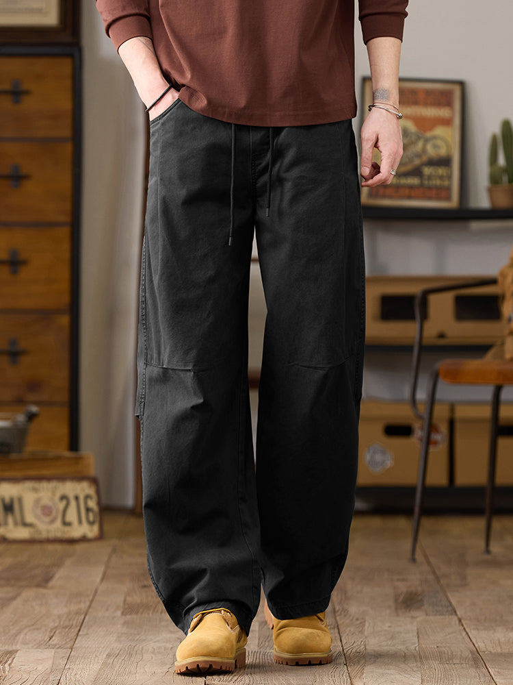 Pantaloni cargo da uomo a gamba larga in cotone con coulisse in vita