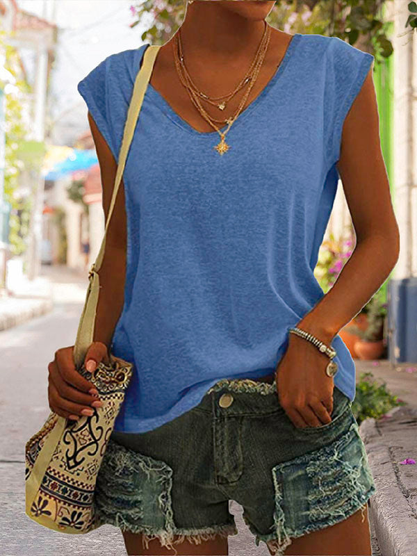 Women's V-Neck Cap Sleeve Loose T-Shirt