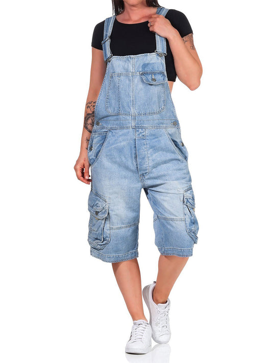 Kurze Jeans-Latzhose für Damen mit Cargotaschen