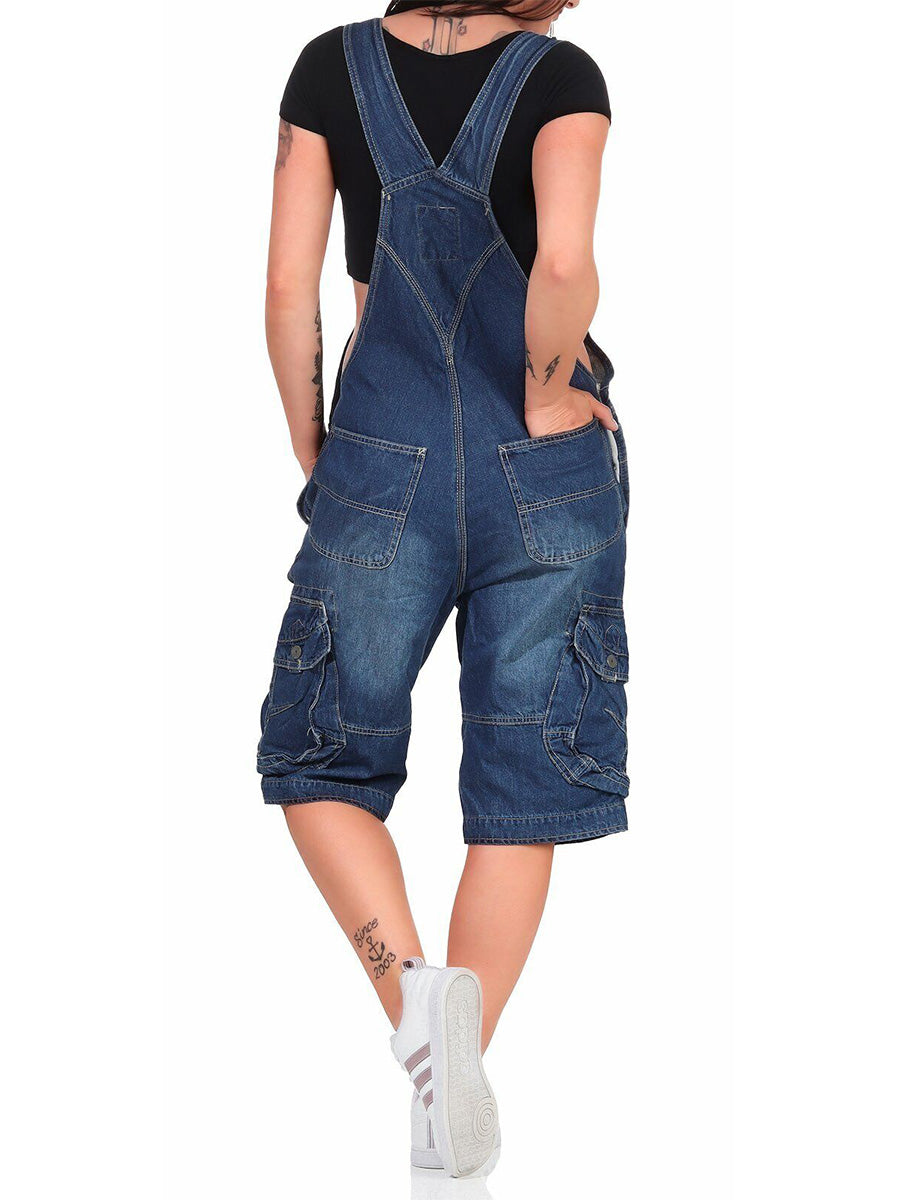 Kurze Jeans-Latzhose für Damen mit Cargotaschen