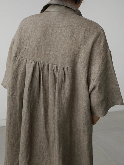 Lockeres Hemdkleid aus Baumwolle und Leinen mit V-Ausschnitt