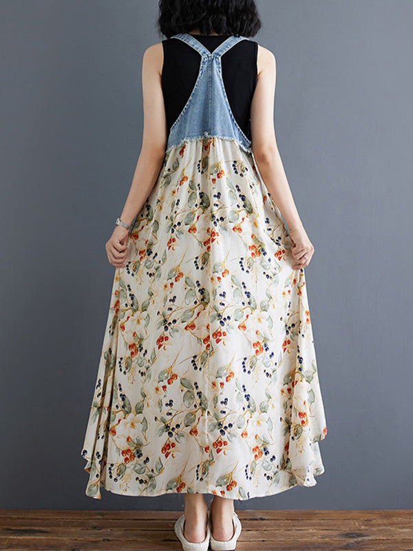 Latzkleid aus Denim mit Patchwork-Aquarellmuster