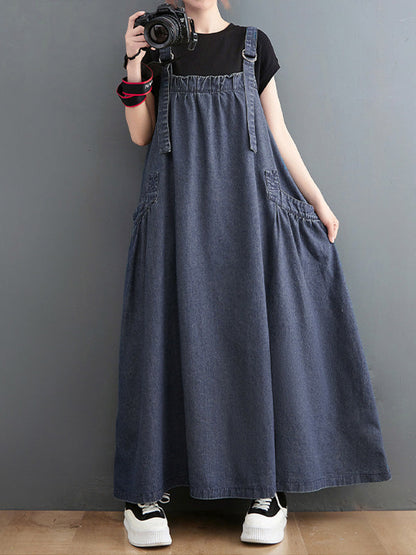 Abito salopette in denim da donna, vestibilità ampia