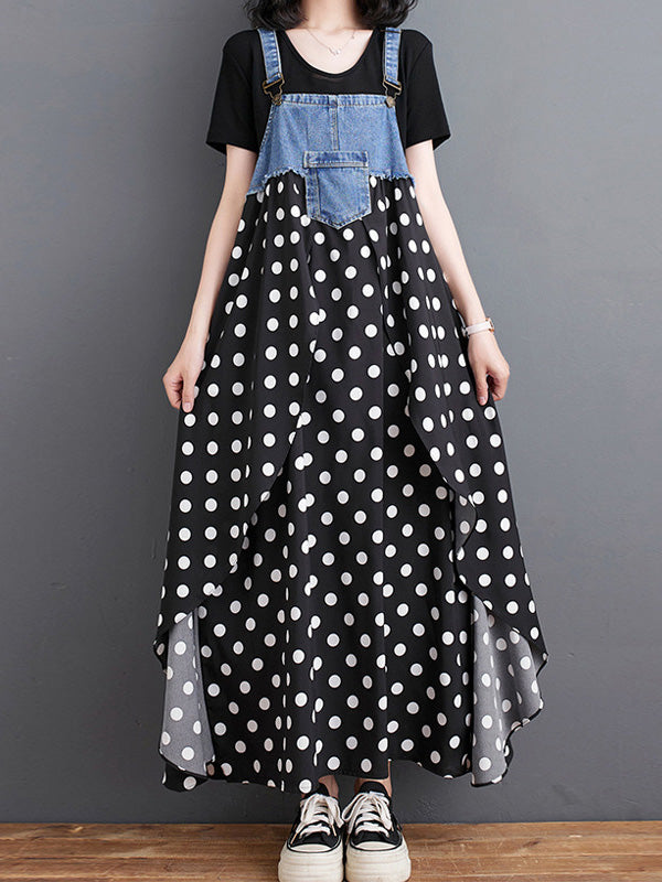 Latzkleid aus Denim mit Patchwork-Aquarellmuster