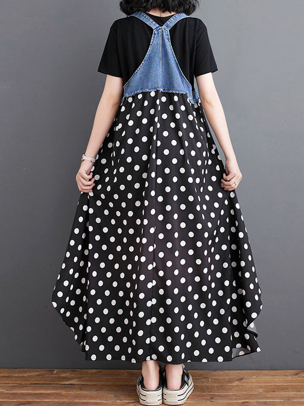 Latzkleid aus Denim mit Patchwork-Aquarellmuster