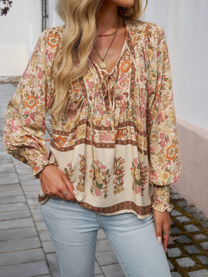Blusa Boho con Estampado Floral y Cuello Anudado para Mujer