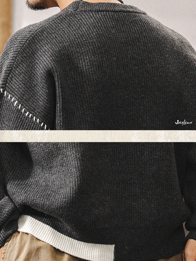 Pull en maille à col rond pour homme, coupe ample avec détails de coutures contrastantes
