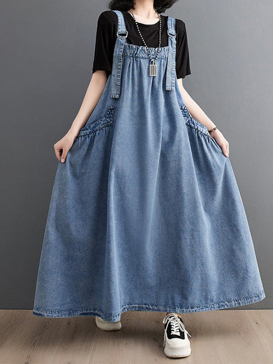 Abito salopette in denim da donna, vestibilità ampia