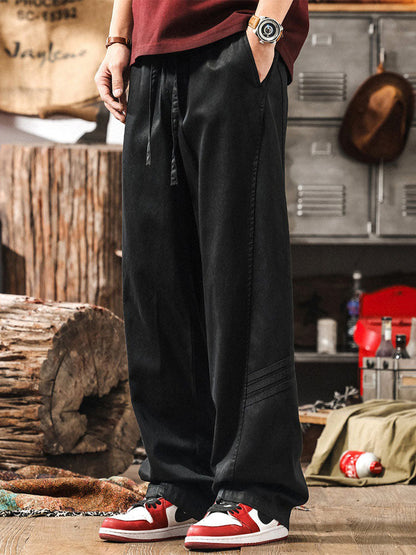 Pantalon décontracté homme en lyocell et coton, jambes larges, cordon de serrage