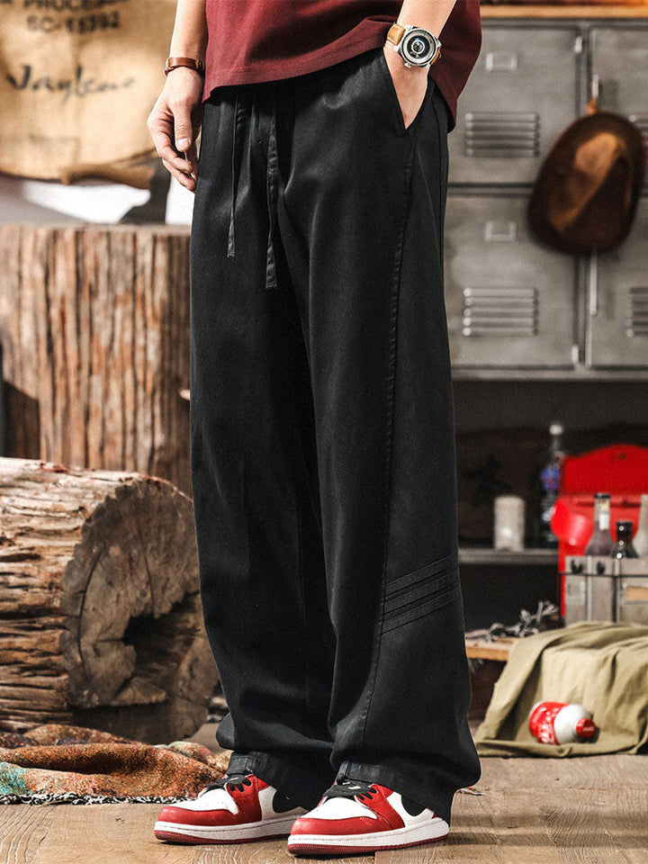 Pantaloni casual da uomo a gamba larga con coulisse in misto cotone e lyocell
