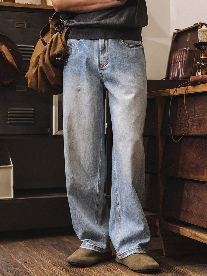 Herren 100% Baumwolle Vintage Wide Leg Jeans, Leicht Gewaschene Denim Hose