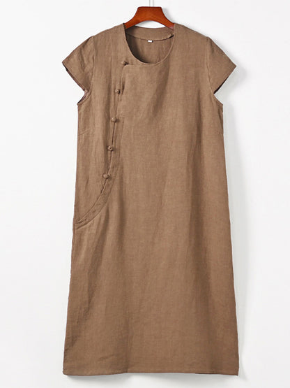 Robe midi à manches courtes en 100% lin avec boutons