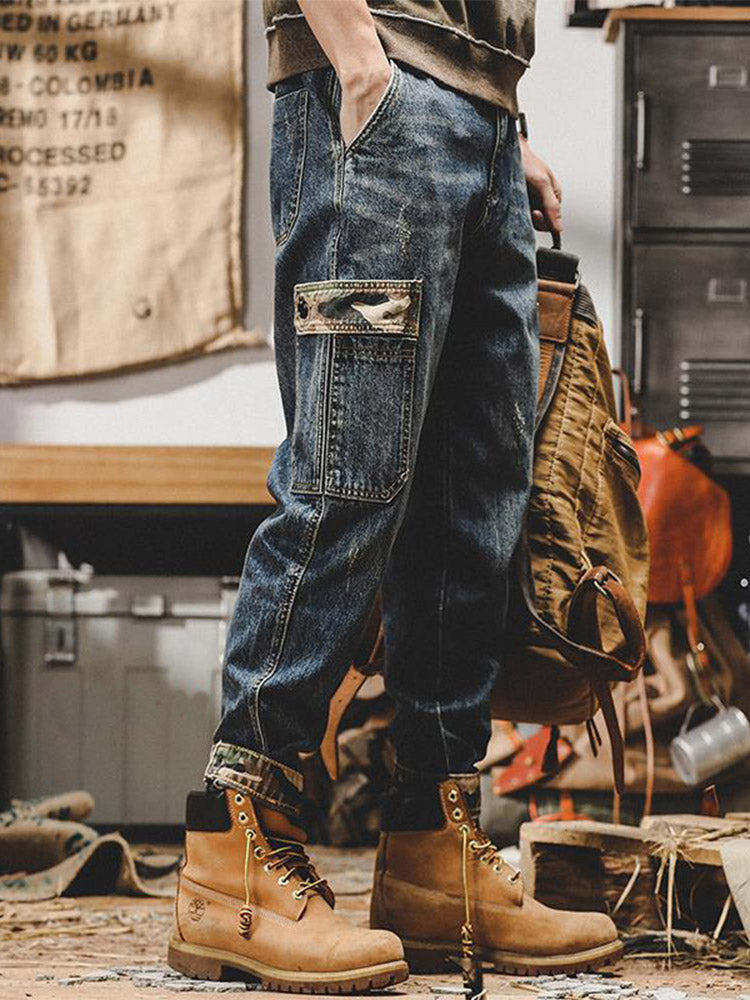 Herren Vintage Cargo Jeans mit Camouflage-Taschen, lockere Passform