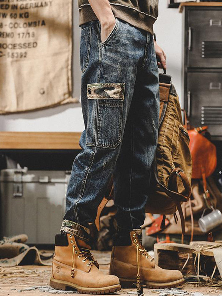 Herren Vintage Cargo Jeans mit Camouflage-Taschen, lockere Passform