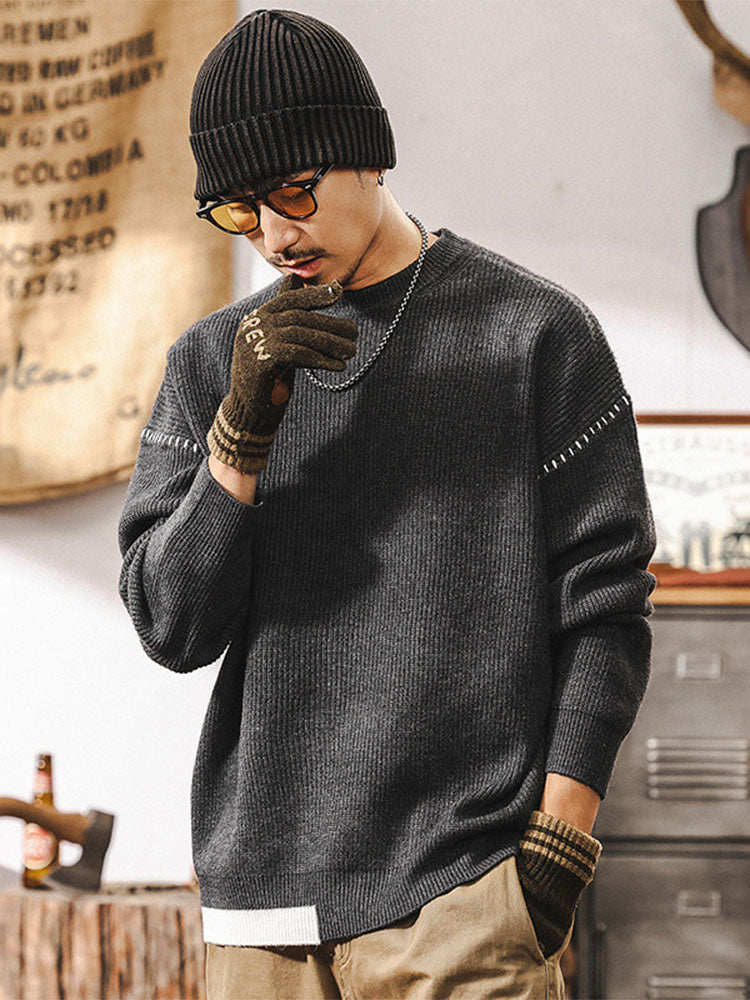 Pull en maille à col rond pour homme, coupe ample avec détails de coutures contrastantes