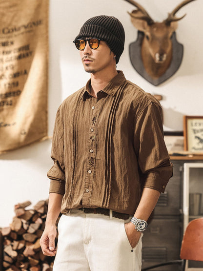Herren Vintage Langarmhemd mit Stickerei Lässiges Lyocell Freizeithemd