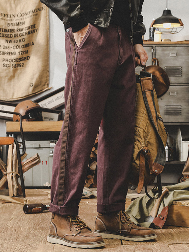 Pantalon décontracté vintage pour homme en 100 % coton avec bandes latérales contrastantes