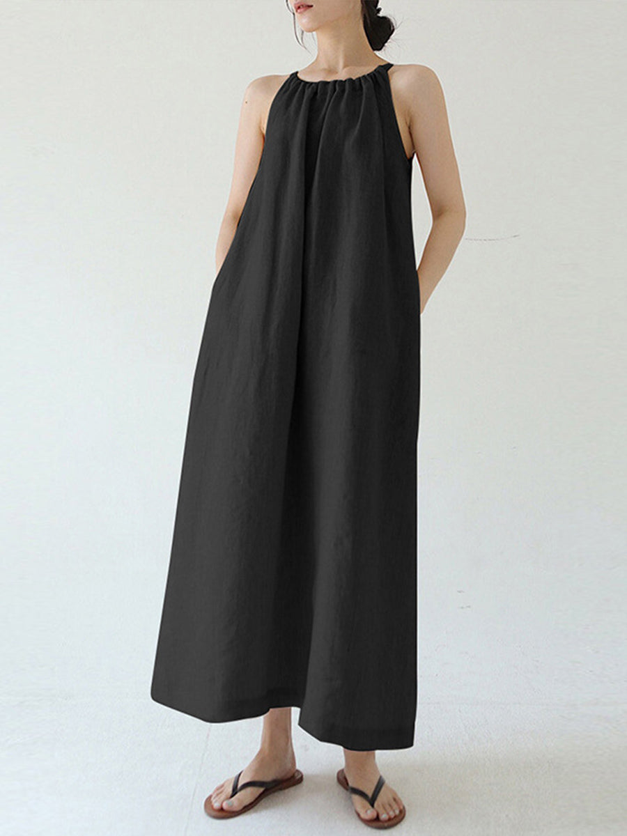 Vestido de lino con hombros descubiertos y tirantes en la espalda