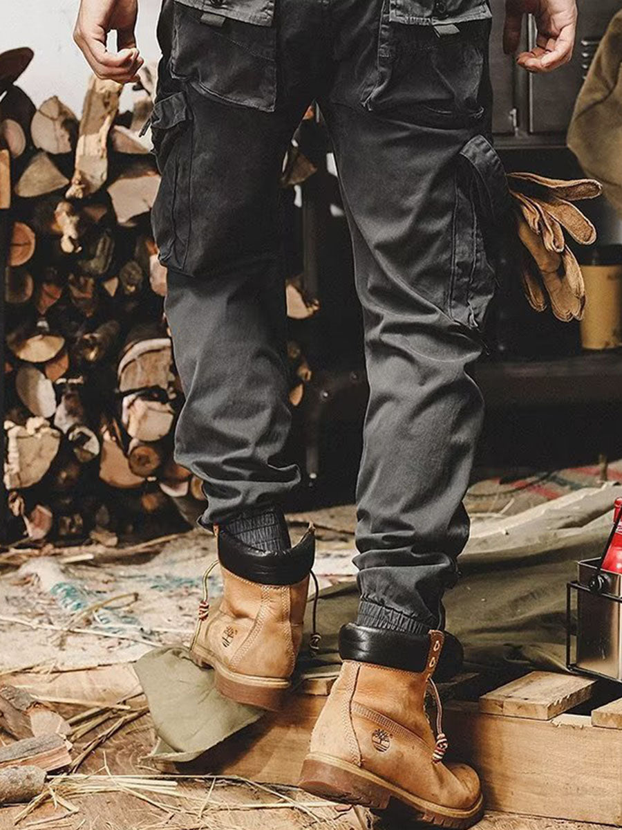 Pantalones cargo deportivos de algodón elástico con múltiples bolsillos para hombre
