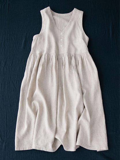 Robe sans manches en coton et lin à col en V
