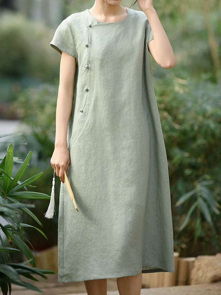 Robe midi à manches courtes en 100% lin avec boutons