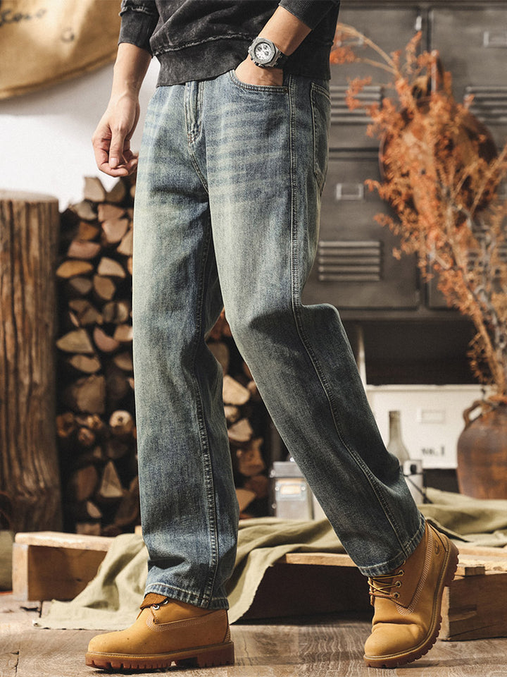 Herren Vintage Weit Bein Jeans, Retro Denim Hose für Alltag