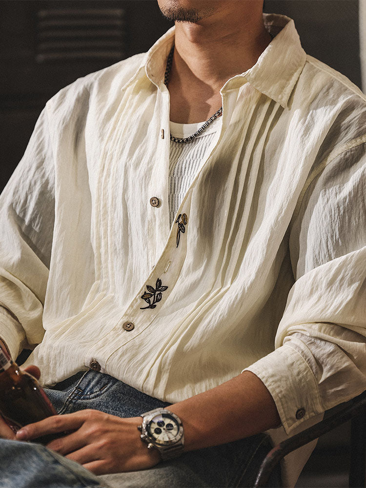 Herren Vintage Langarmhemd mit Stickerei Lässiges Lyocell Freizeithemd