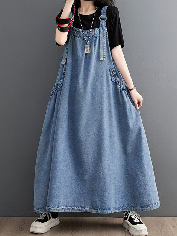 Abito salopette in denim da donna, vestibilità ampia