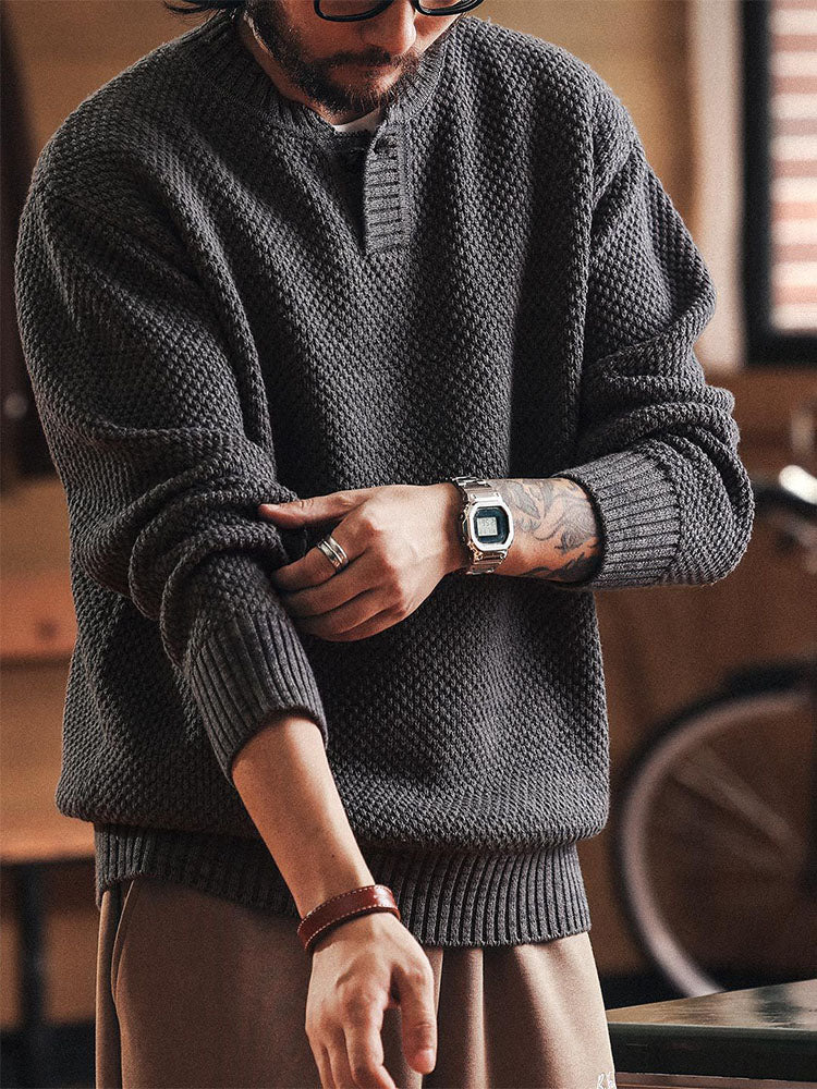 Herren Henry‑Knit Pullover mit strukturierter Oberfläche