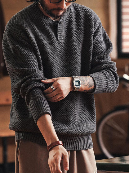 Herren Henry‑Knit Pullover mit strukturierter Oberfläche