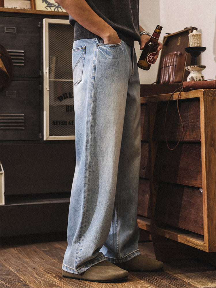 Herren 100% Baumwolle Vintage Wide Leg Jeans, Leicht Gewaschene Denim Hose