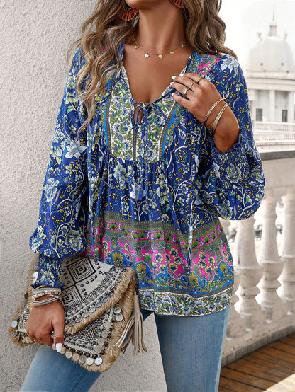 Damen-Bluse mit Boho-Blumenmuster und Schleifenkragen