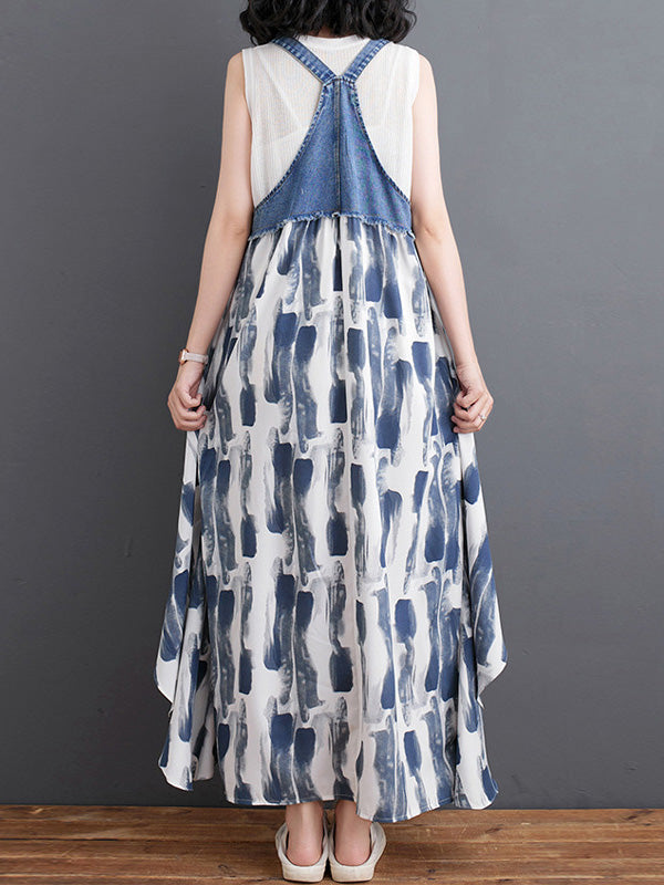 Latzkleid aus Denim mit Patchwork-Aquarellmuster