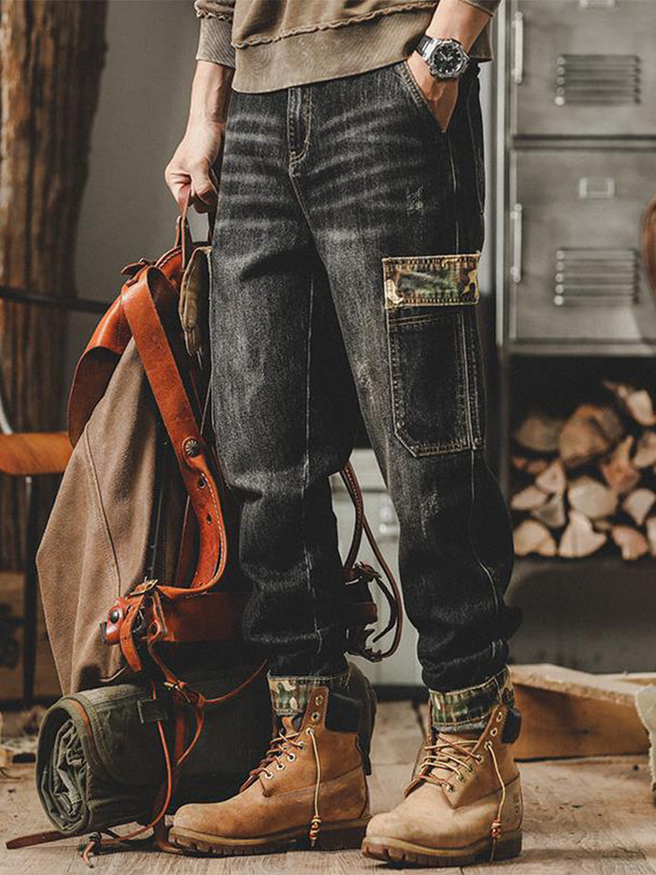 Herren Vintage Cargo Jeans mit Camouflage-Taschen, lockere Passform