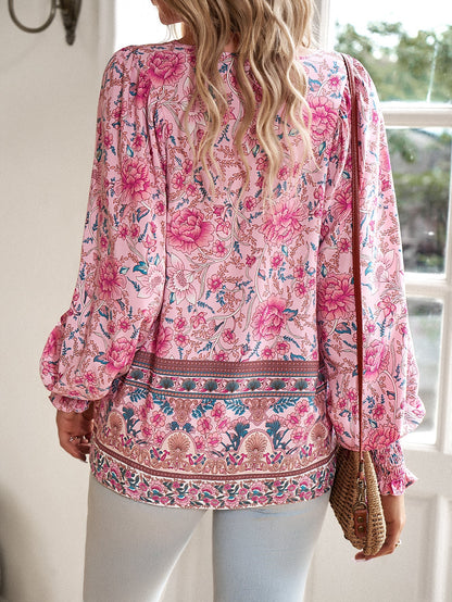 Damen-Bluse mit Boho-Blumenmuster und Schleifenkragen