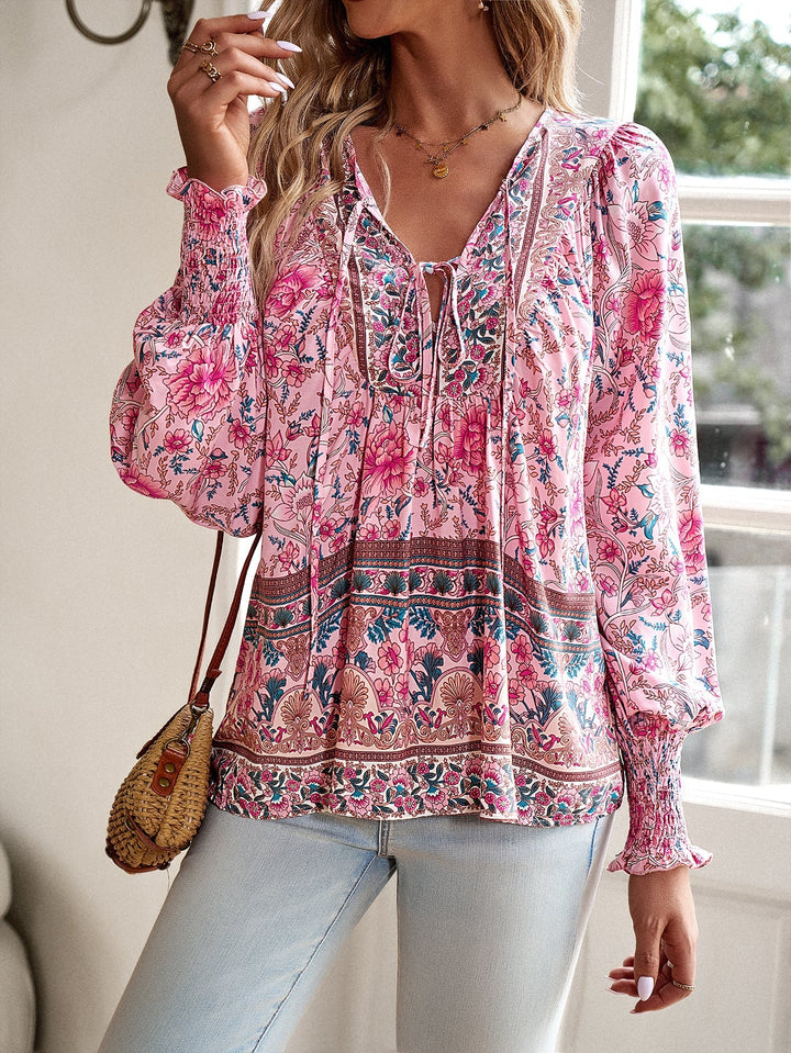 Blusa Boho con Estampado Floral y Cuello Anudado para Mujer