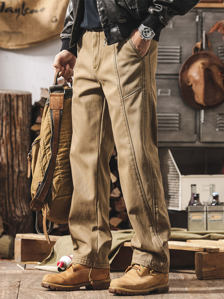 Pantalones para hombre 100 % algodón, de pernera ancha y con costuras en contraste, de estilo retro