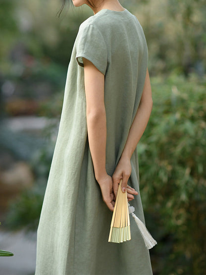 Robe midi à manches courtes en 100% lin avec boutons