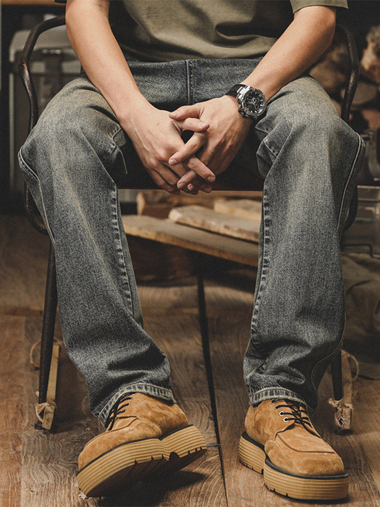 Herren Vintage Jeans, gerader Schnitt, Washed Denim Hose
