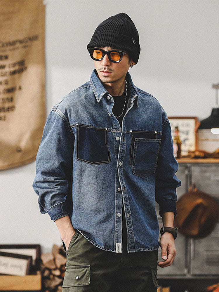 Herren Denim‑Hemdjacke mit Kontrasttaschen