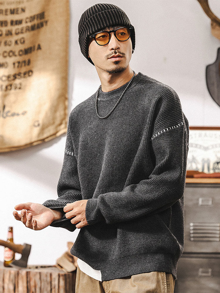 Pull en maille à col rond pour homme, coupe ample avec détails de coutures contrastantes
