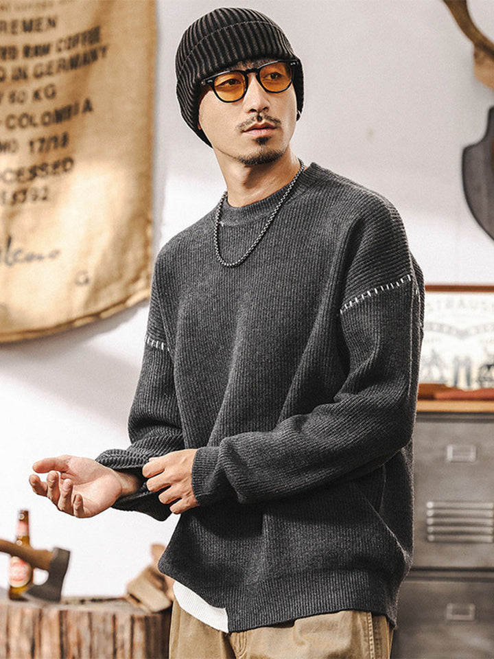 Pull en maille à col rond pour homme, coupe ample avec détails de coutures contrastantes