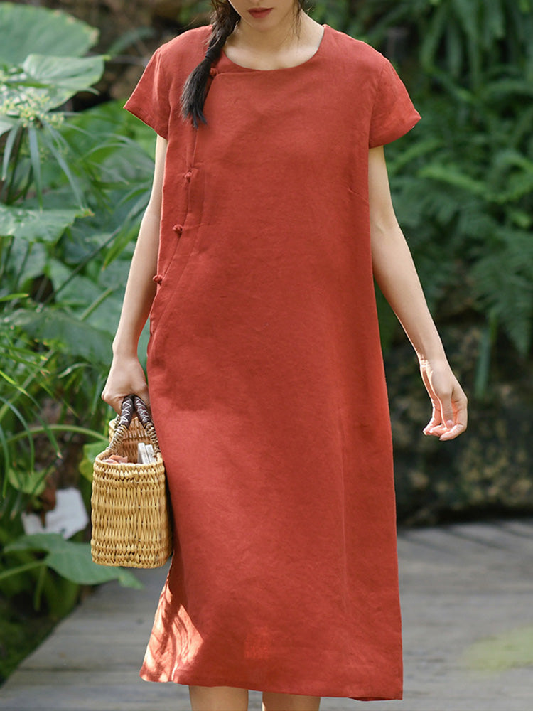 Robe midi à manches courtes en 100% lin avec boutons