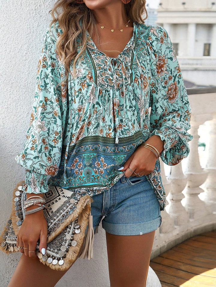 Blusa Boho con Estampado Floral y Cuello Anudado para Mujer
