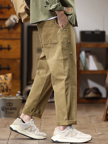 Pantalones cargo de pierna recta y corte holgado para hombre con botones laterales
