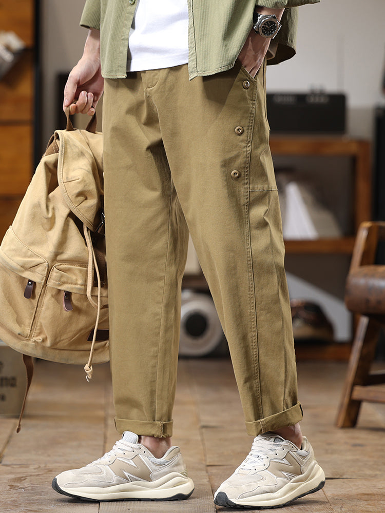Pantalones cargo de pierna recta y corte holgado para hombre con botones laterales